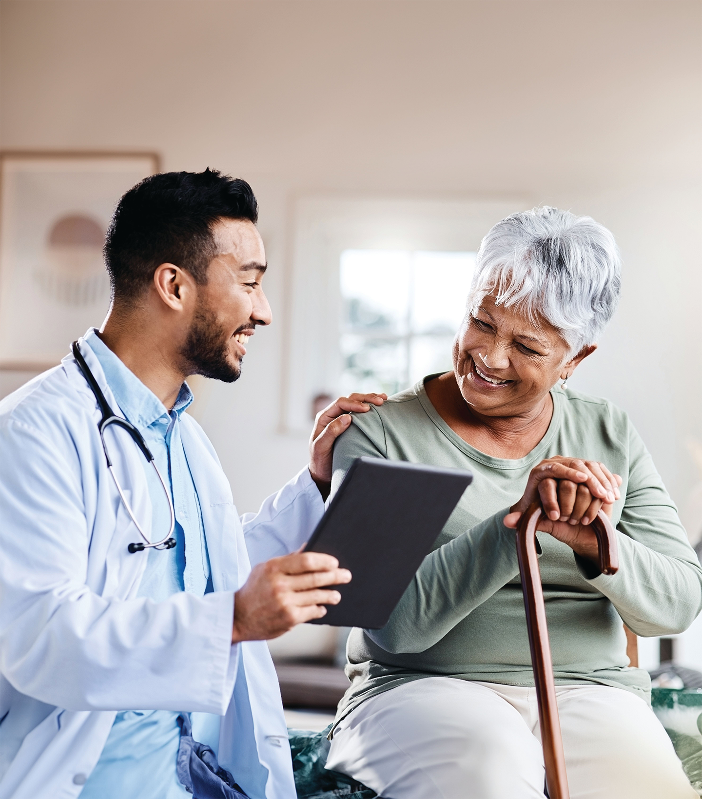 Doctor providing comfort and support to a patient, representing caring medical practice